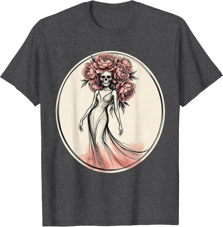 Men's Gigi Floral Skull Crowned With Peonies T-Shirt - Dark Heather Grey