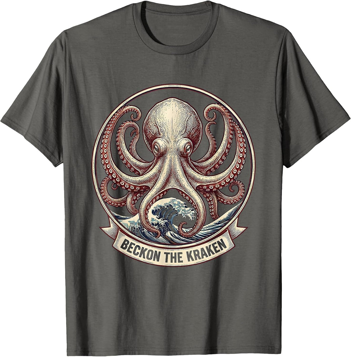 Beckon The Kraken Playful Octopus Lover Marine Biology T-Shirt - Asphalt Grey