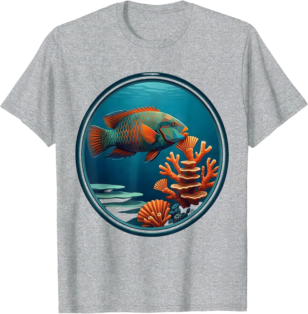 Men's Parrot Fish Nibbling Rainbow Coral Hawaiian Design T-Shirt - Heather Grey