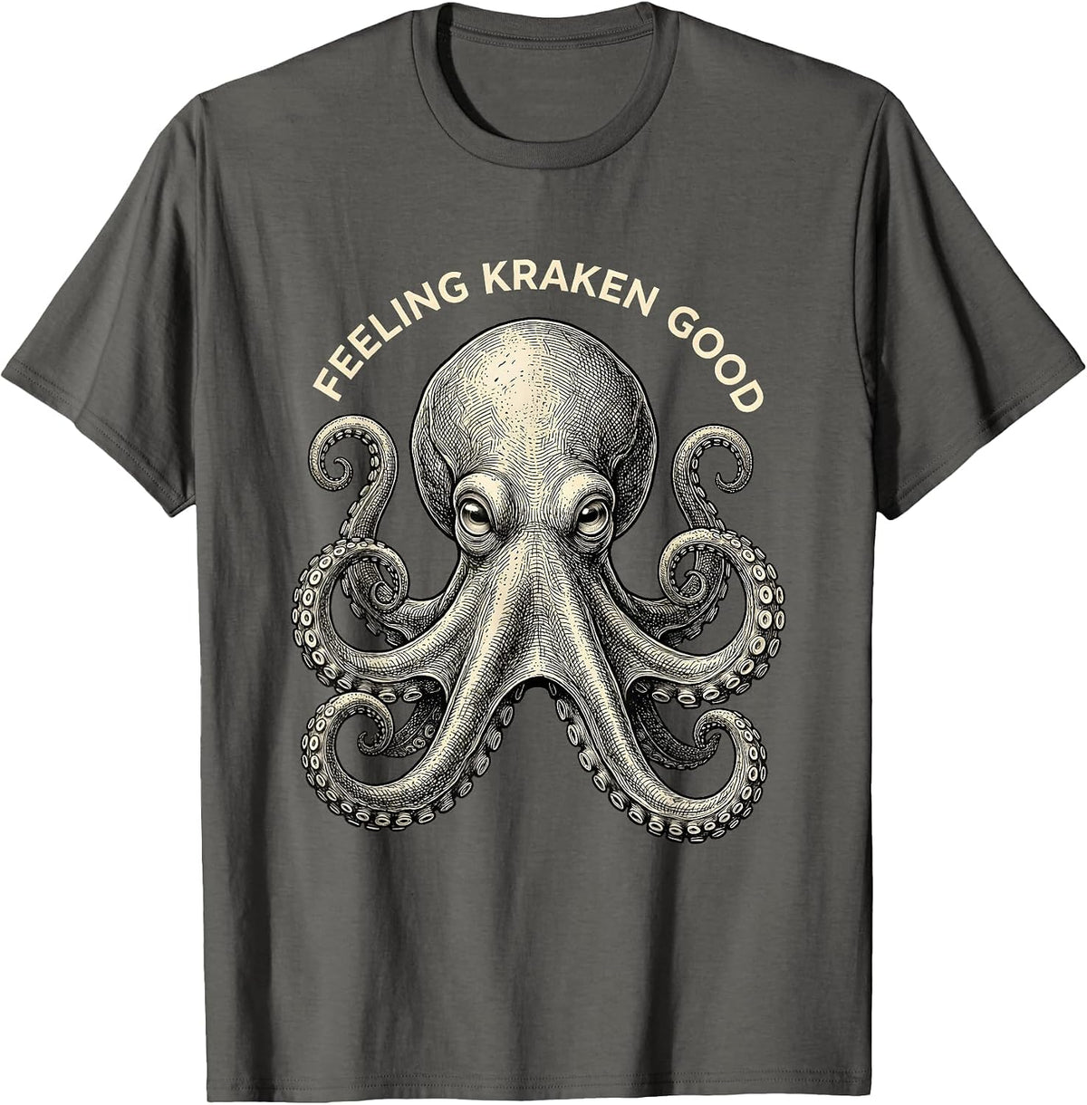 Feeling Kraken Good Crosshatch Octopus Portrait Ocean Animal T-Shirt - Asphalt Grey