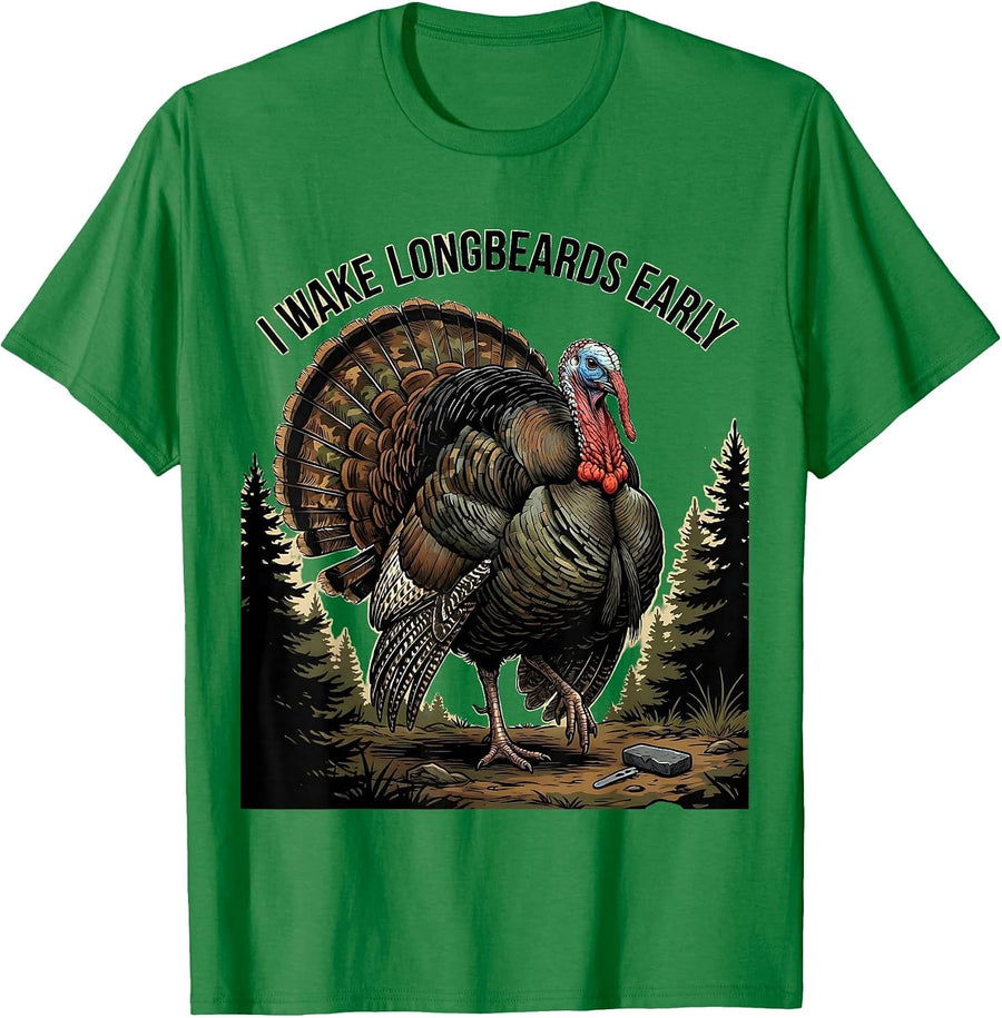 Men's I Wake Longbeards Early Funny Turkey Hunting Camo Hunter T-Shirt - Kelly Green