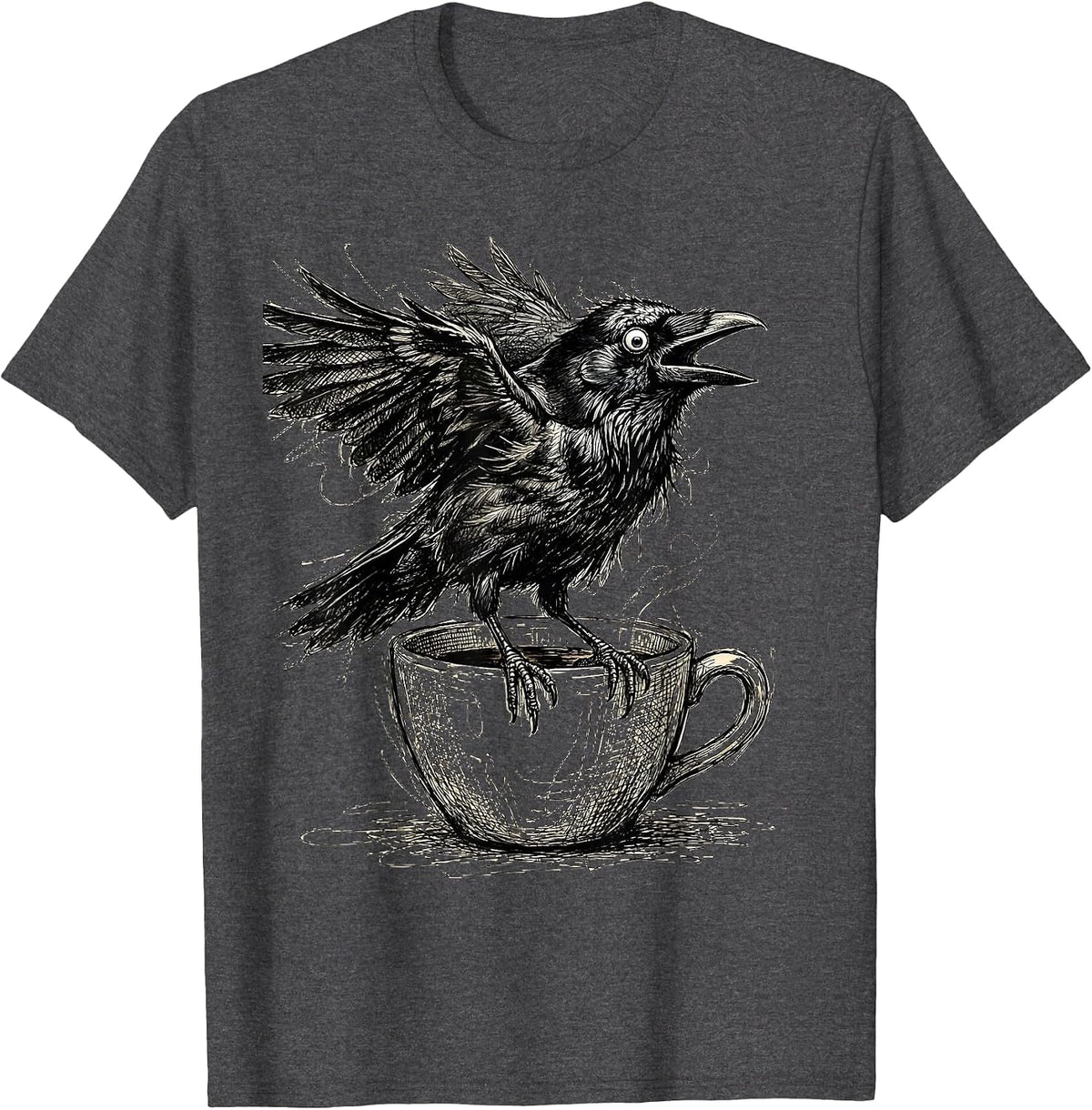 Wide-Eyed Crow After First Sip Graphic T-Shirt - Dark Heather Grey