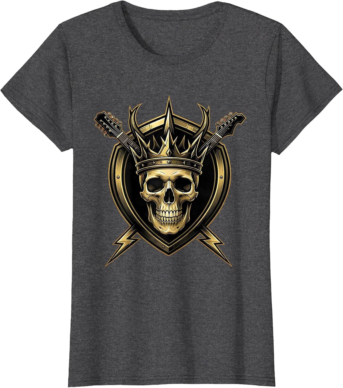 Women's Skull Crown Guitar Headstock Rock Band Graphic T-Shirt - Dark Heather Grey