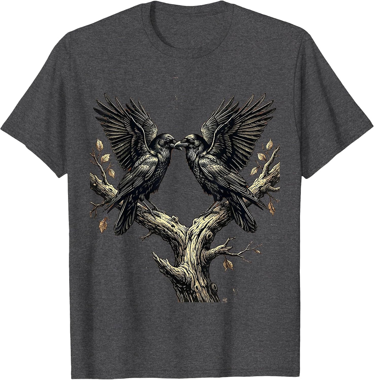 Men's Two Crows on a Branch Face to Face Art T-Shirt - Dark Heather Grey