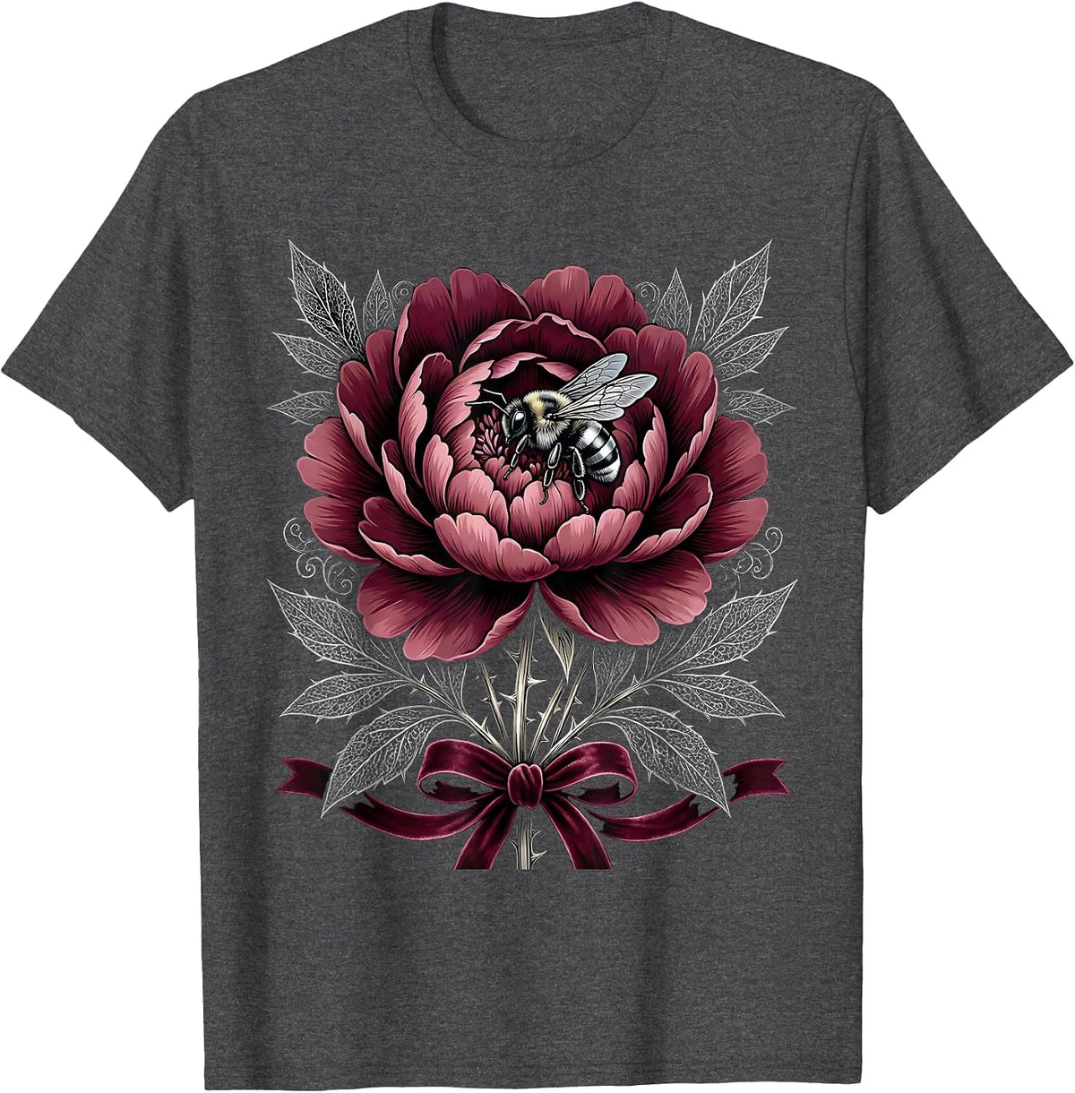 Gigi Bold Peony Bloom with Bee Illustration T-Shirt - Dark Heather Grey
