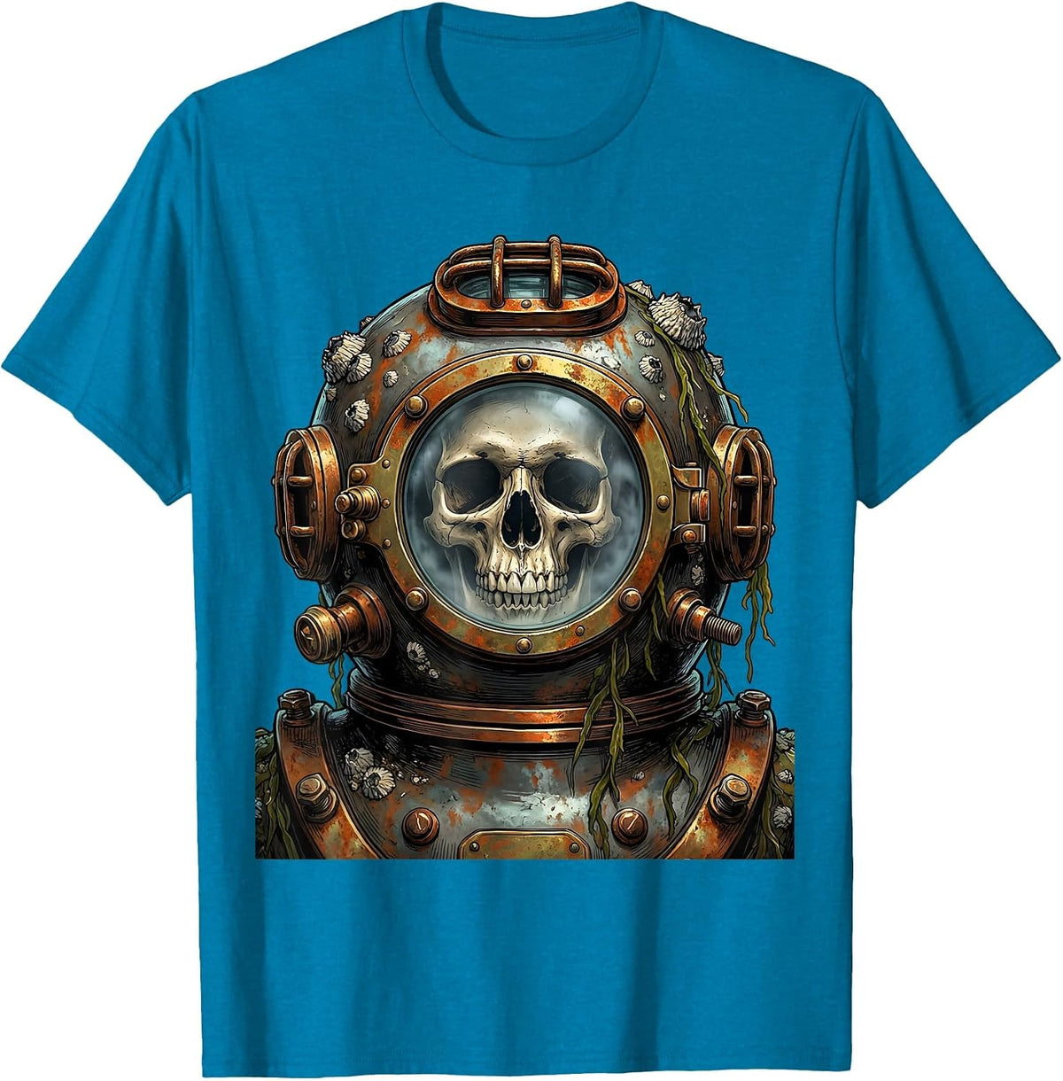Skull in Vintage Deep Sea Diving Helmet T-Shirt - Sapphire Blue