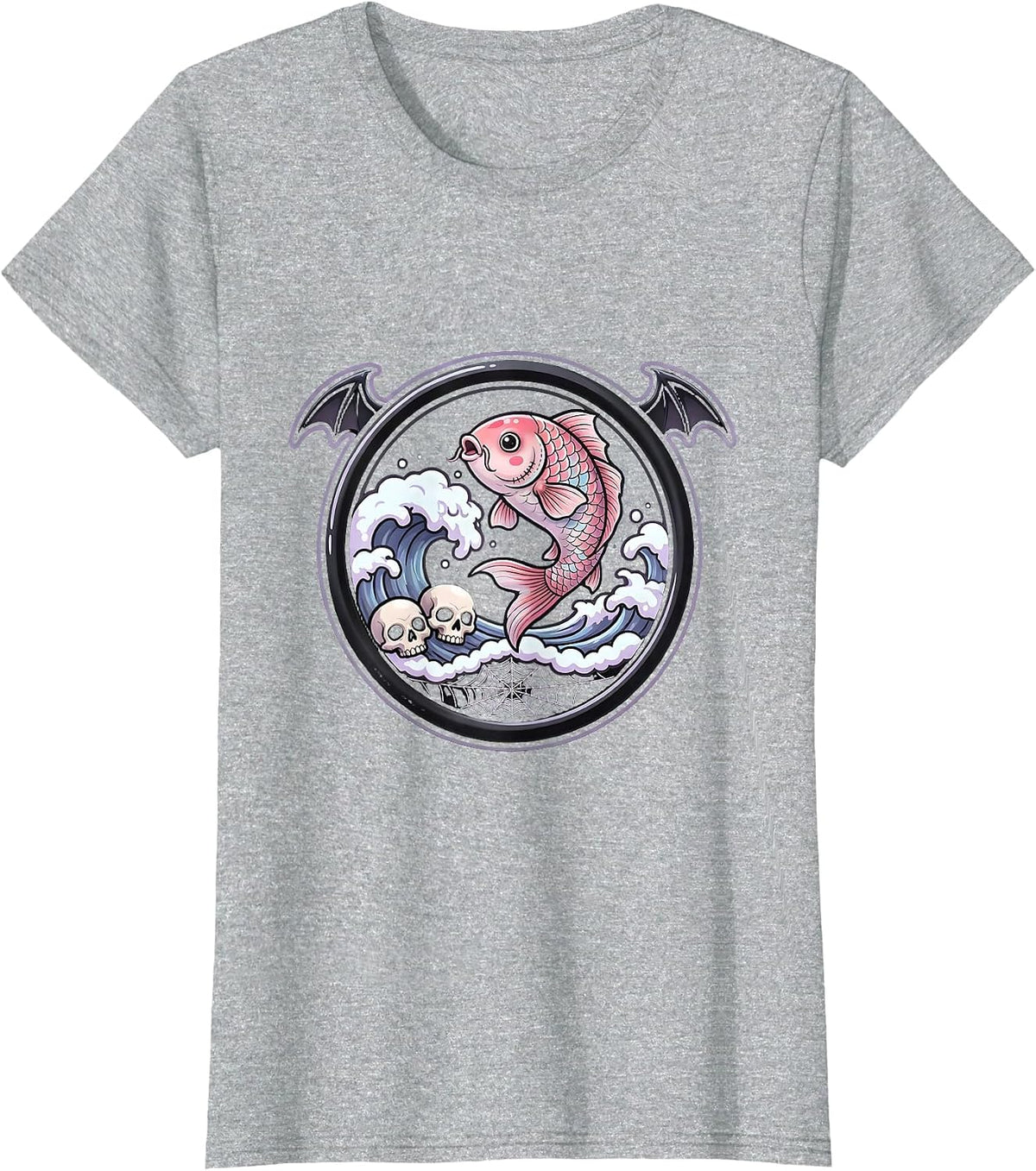Koi Fish Leaping Waves Anime Art Design T-Shirt - Heather Grey