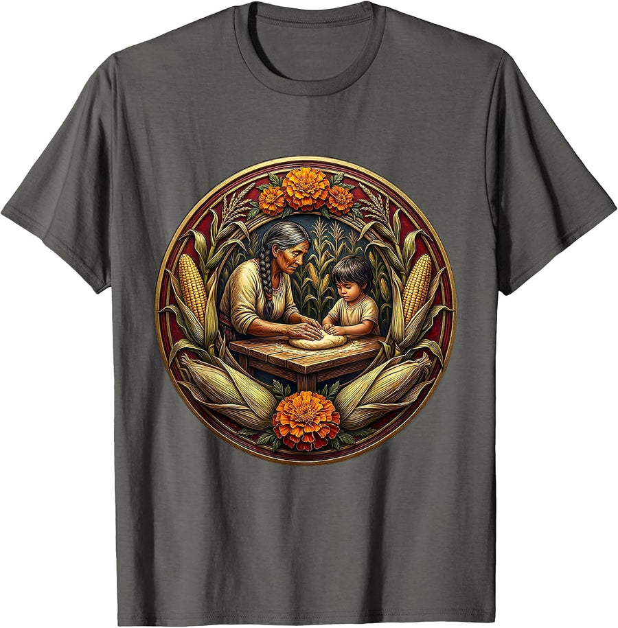 Mexican Grandmother Granddaughter Tamale Making T-Shirt - Asphalt Grey