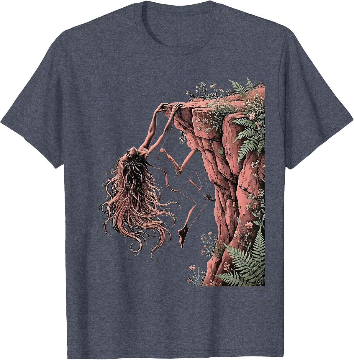Do It Lady Rock Climber Cliff Hanging Graphic T-Shirt - Heather Blue