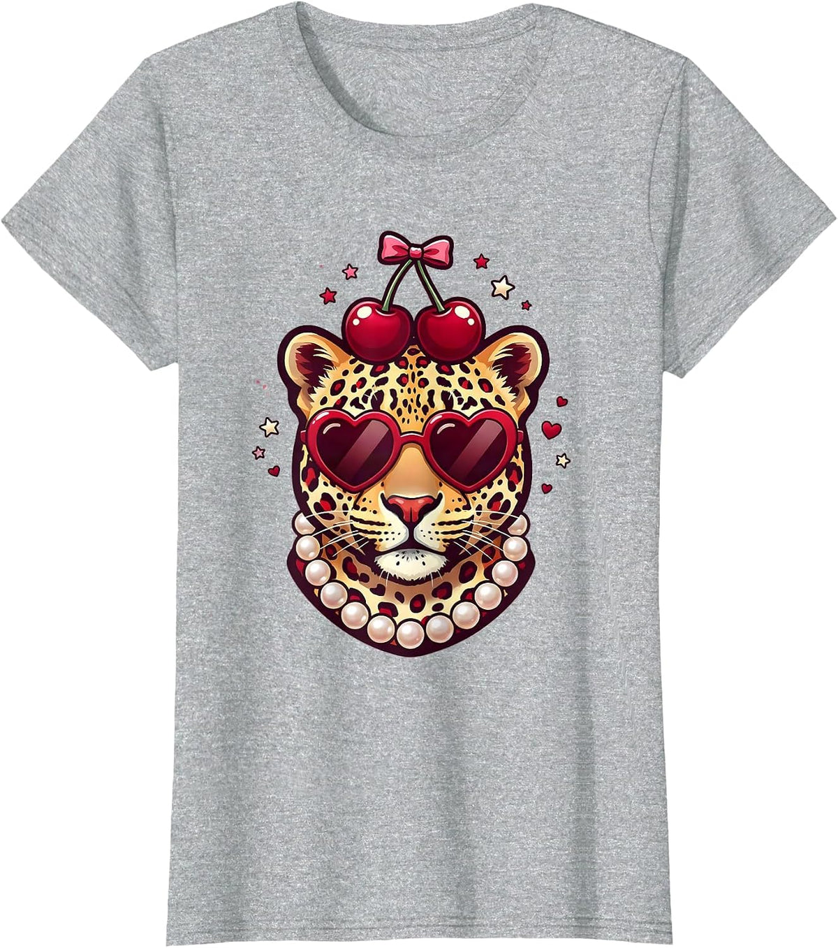 Gigi Leopard Pearl Necklace and Sunglasses T-Shirt - Heather Grey