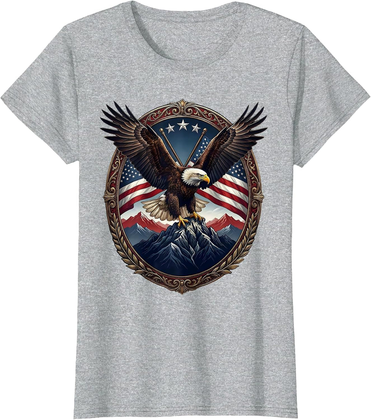 Red White and Blue Layered Mountain Landscape T-Shirt - Heather Grey