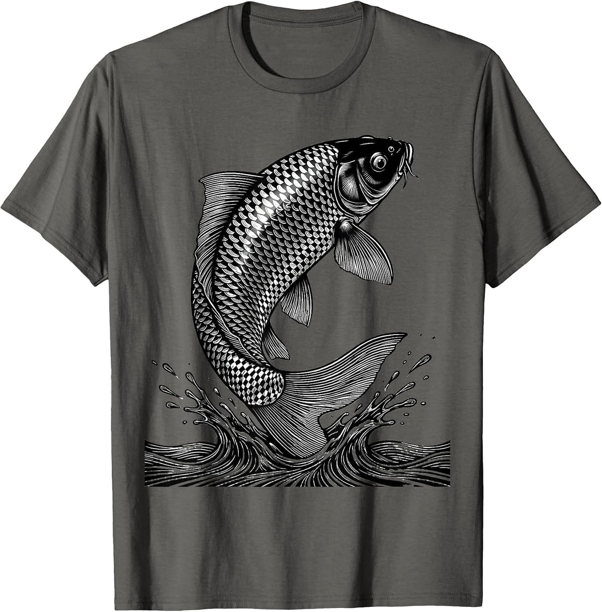 Black and White Checkered Koi Fish Leap T-Shirt - Asphalt Grey