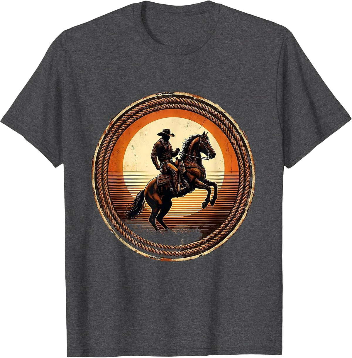 Cowboy Silhouette Riding Horse at Sunset T-Shirt - Dark Heather Grey