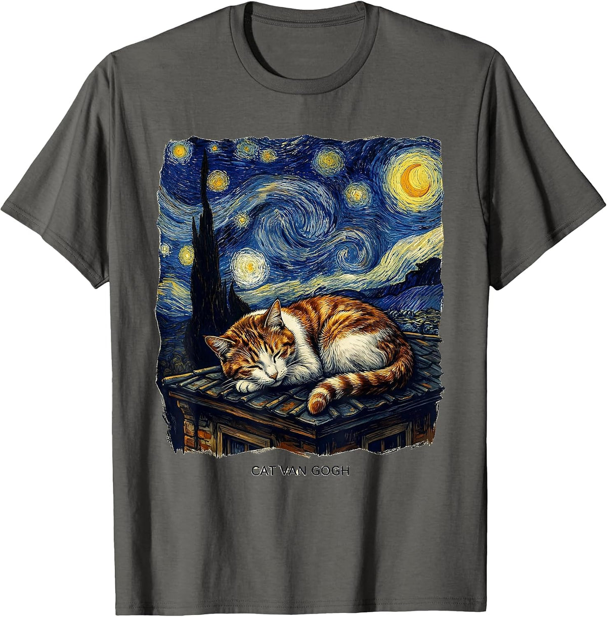 Men's Cat Van Gogh Whimsical Art Parody Cat Lover Gift T-Shirt - Asphalt Grey
