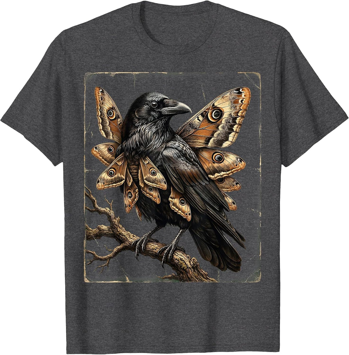 Crow With Moth Wings Dark Surreal Art T-Shirt - Dark Heather Grey