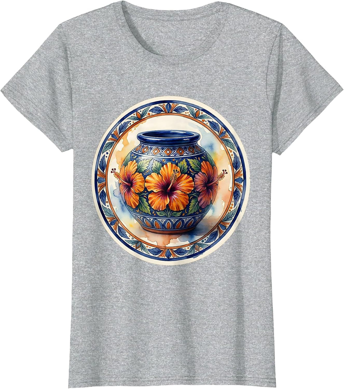 Ornate Talavera Pottery Mexican Floral Art Design T-Shirt - Heather Grey