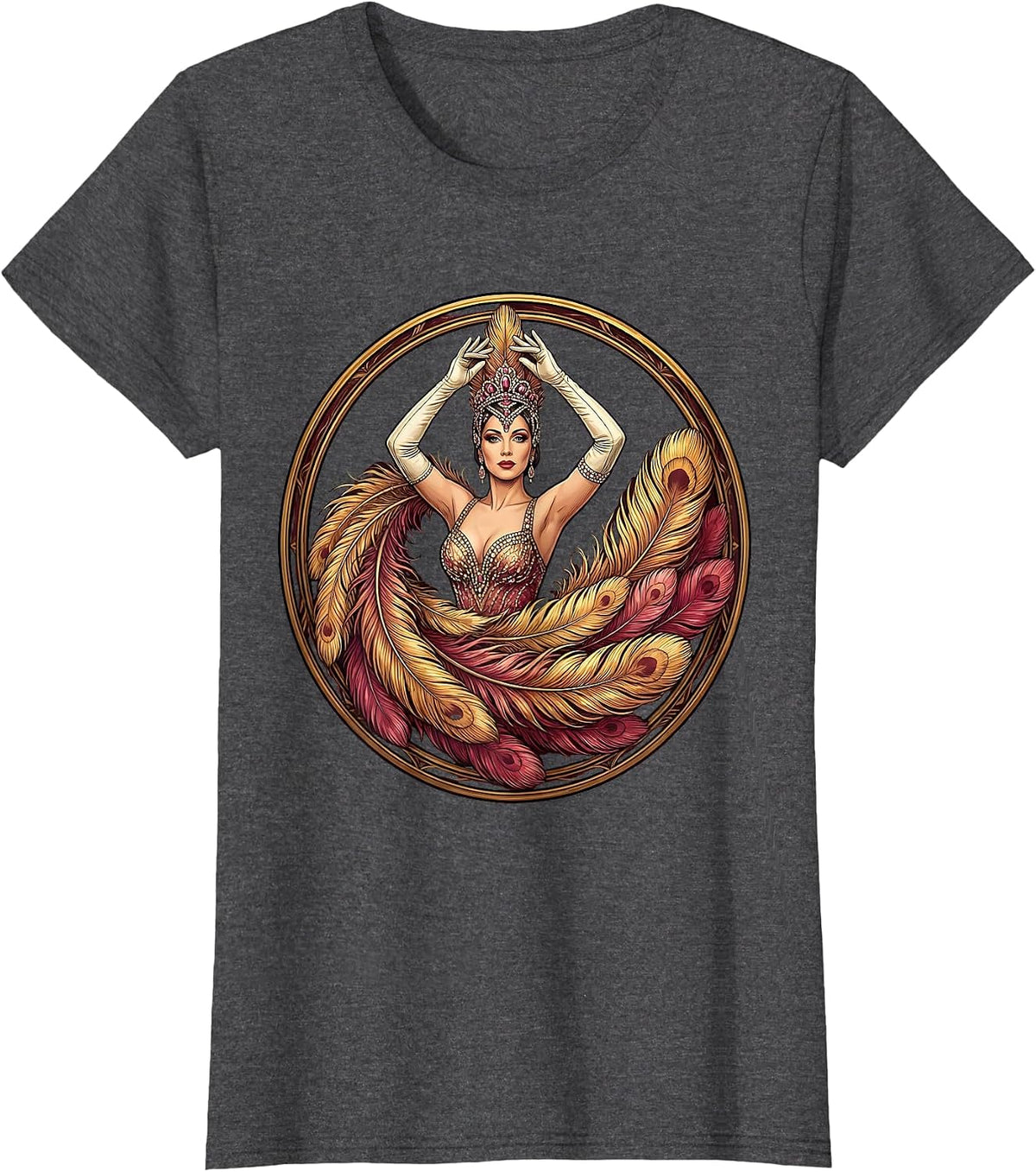 Women's Showgirl Feathered Fan Raised Hands Illustration T-Shirt - Dark Heather Grey