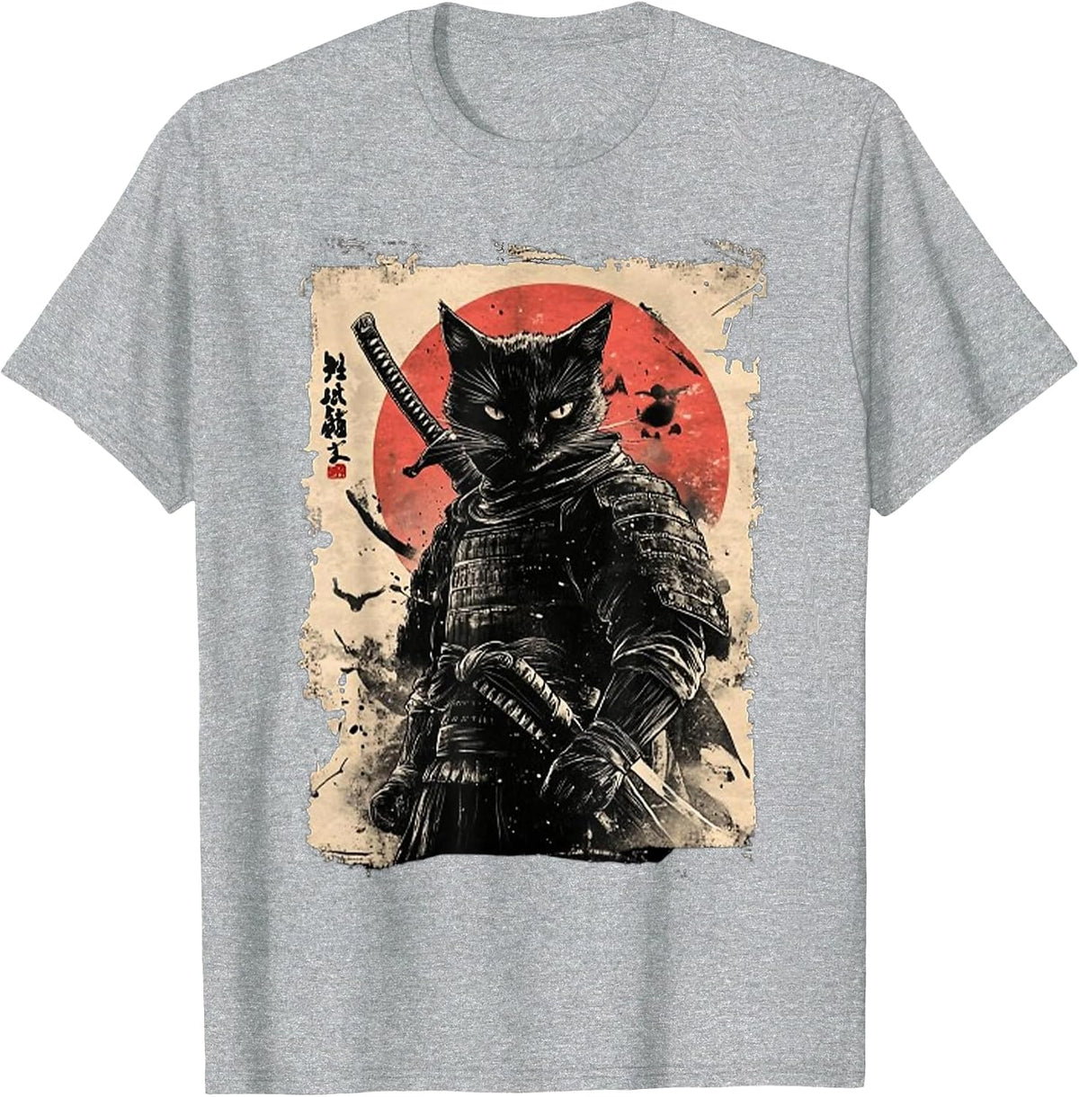 Vintage Japanese Art Anime Graphic Samurai cat Warrior T-Shirt - Heather Grey