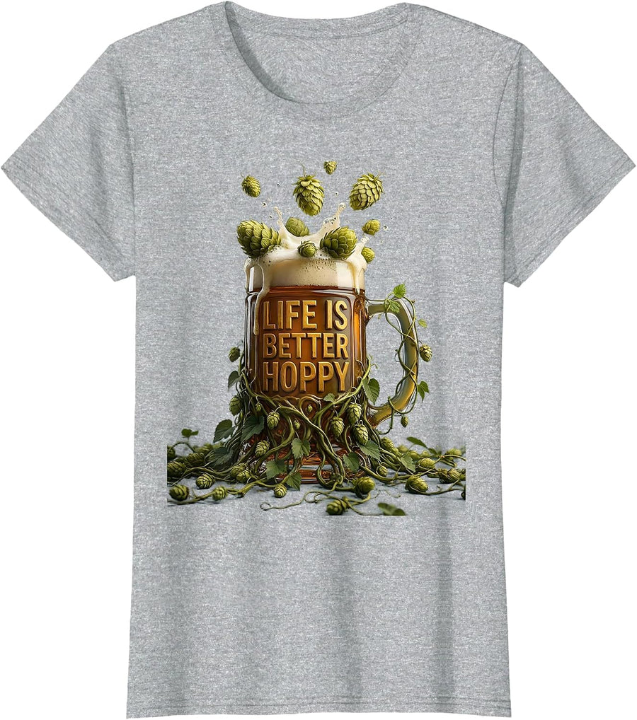 Life Is Better Hoppy Beer Lover Design T-Shirt - Heather Grey