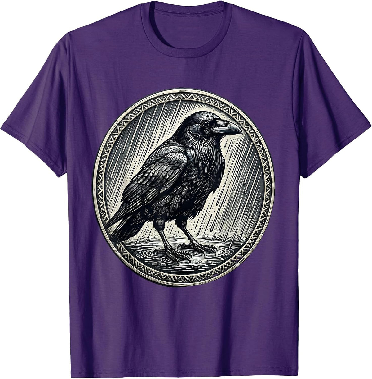 Crow in Heavy Rain Dark Moody Bird Illustration T-Shirt - Purple