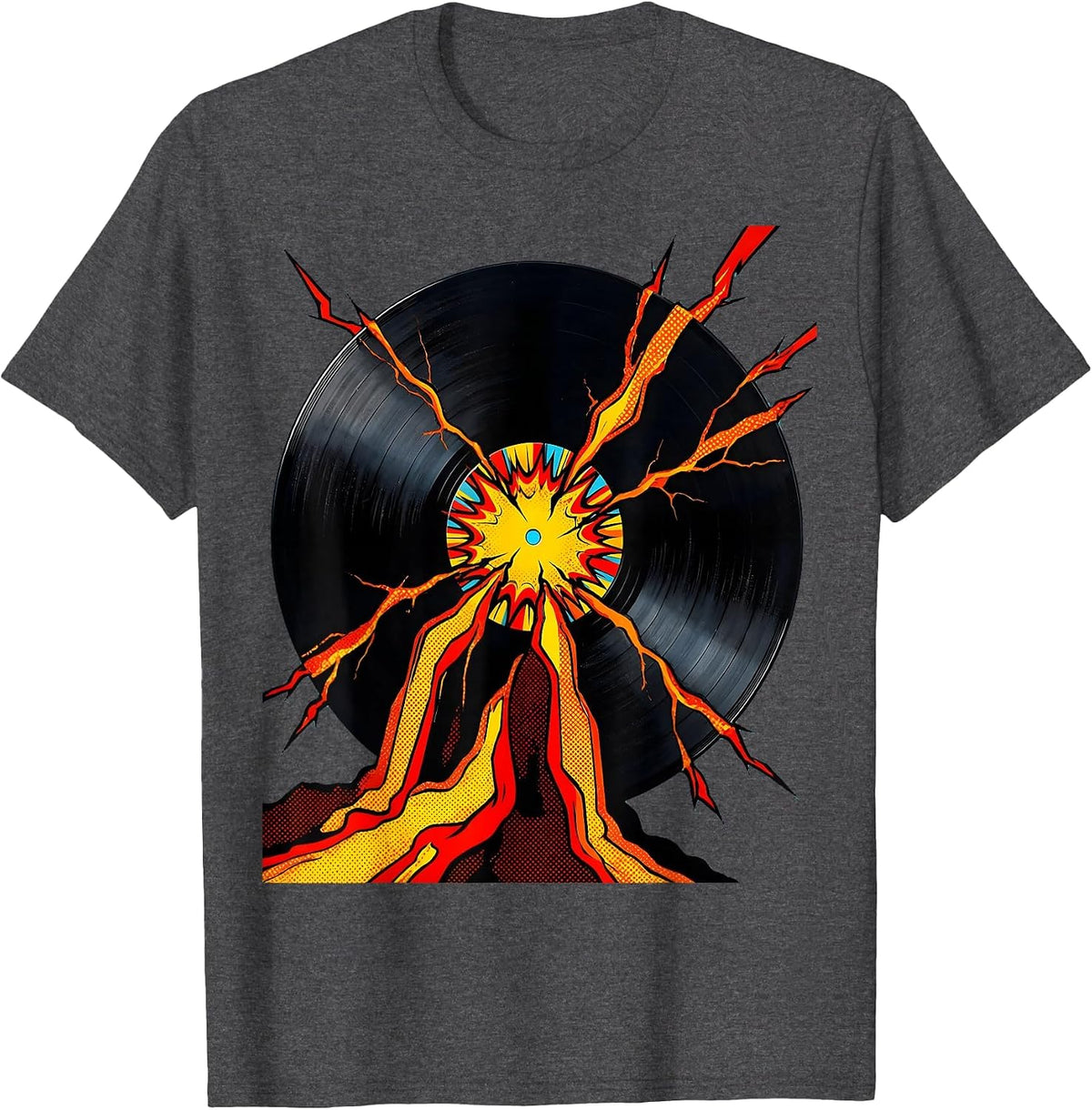 Cracked Vinyl Record Bleeding Lava Rock Music Design T-Shirt - Dark Heather Grey