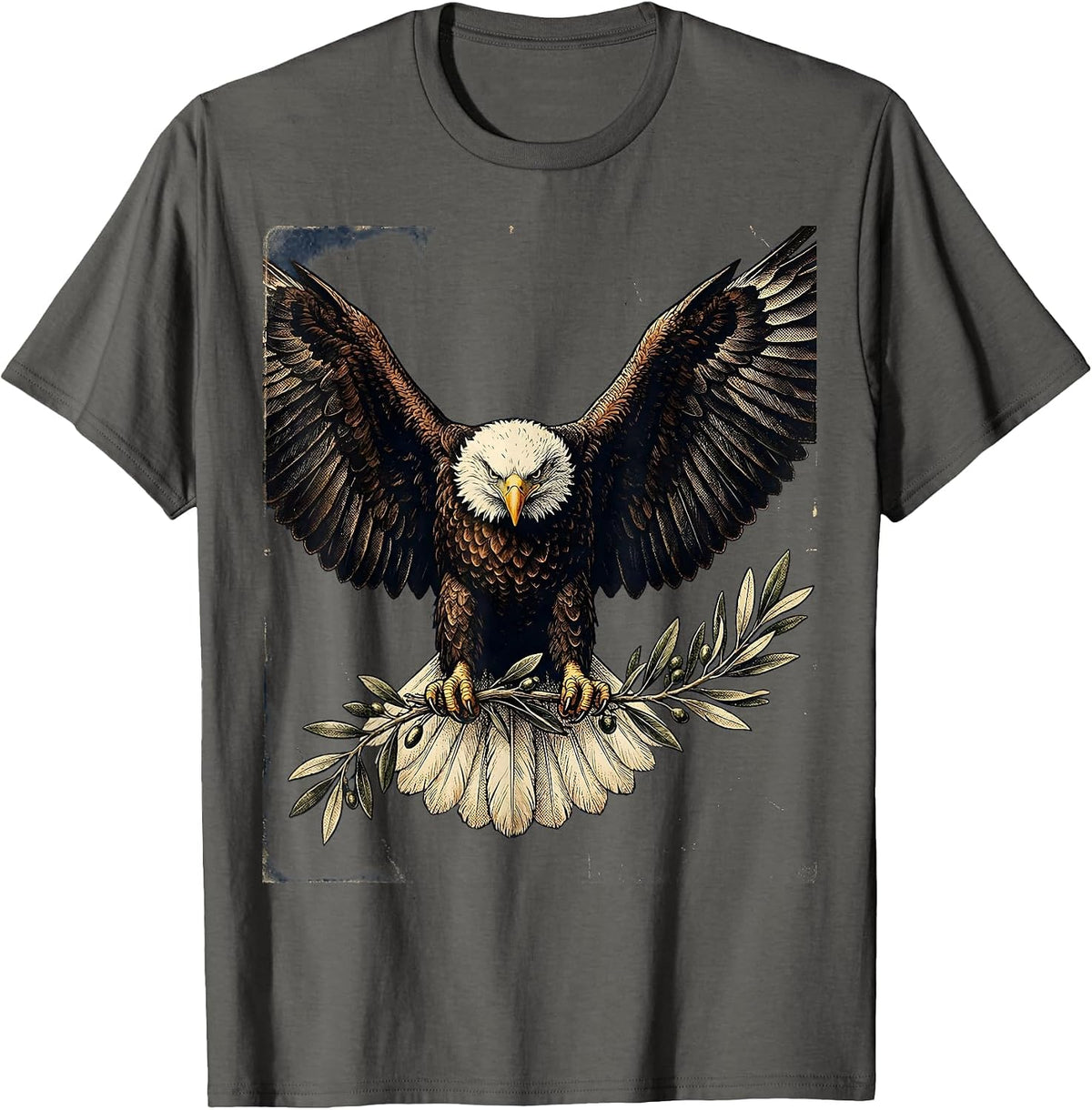 Men's Patriotic Bald Eagle Olive Branch Illustration T-Shirt - Asphalt Grey