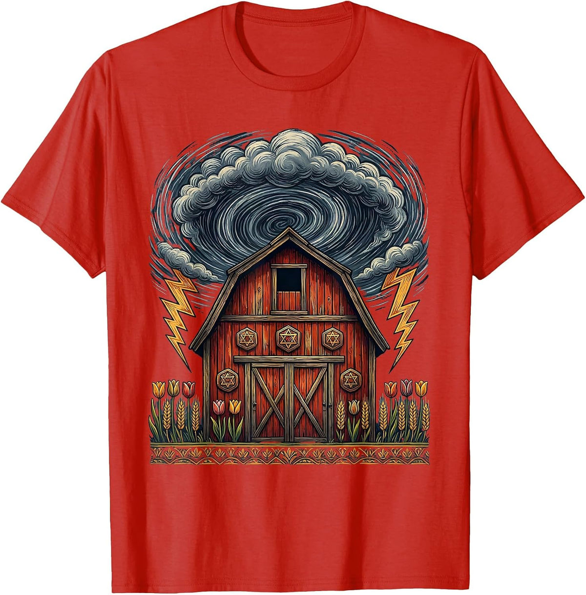 Men's Old Barn Storm Clouds Dramatic Rural Illustration T-Shirt - Red