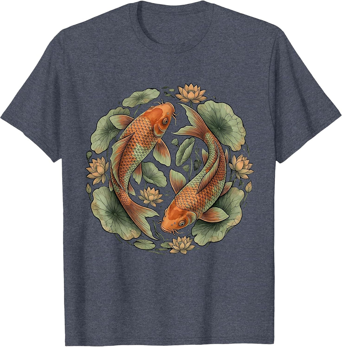 Colorful Koi Fish and Lily Pads Hawaiian Design T-Shirt - Heather Blue