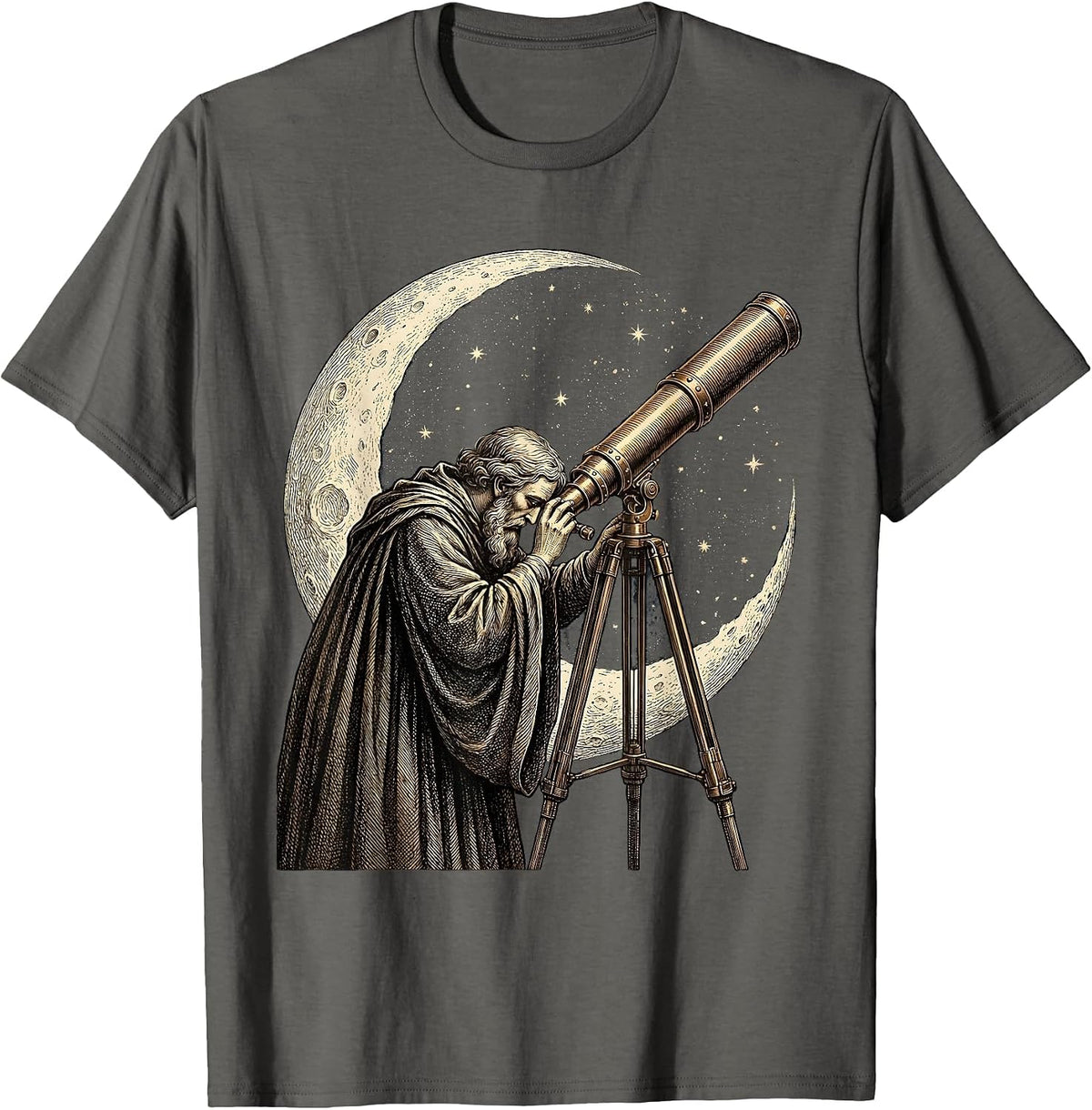 Astronomer Brass Telescope Night Sky Illustration T-Shirt - Asphalt Grey