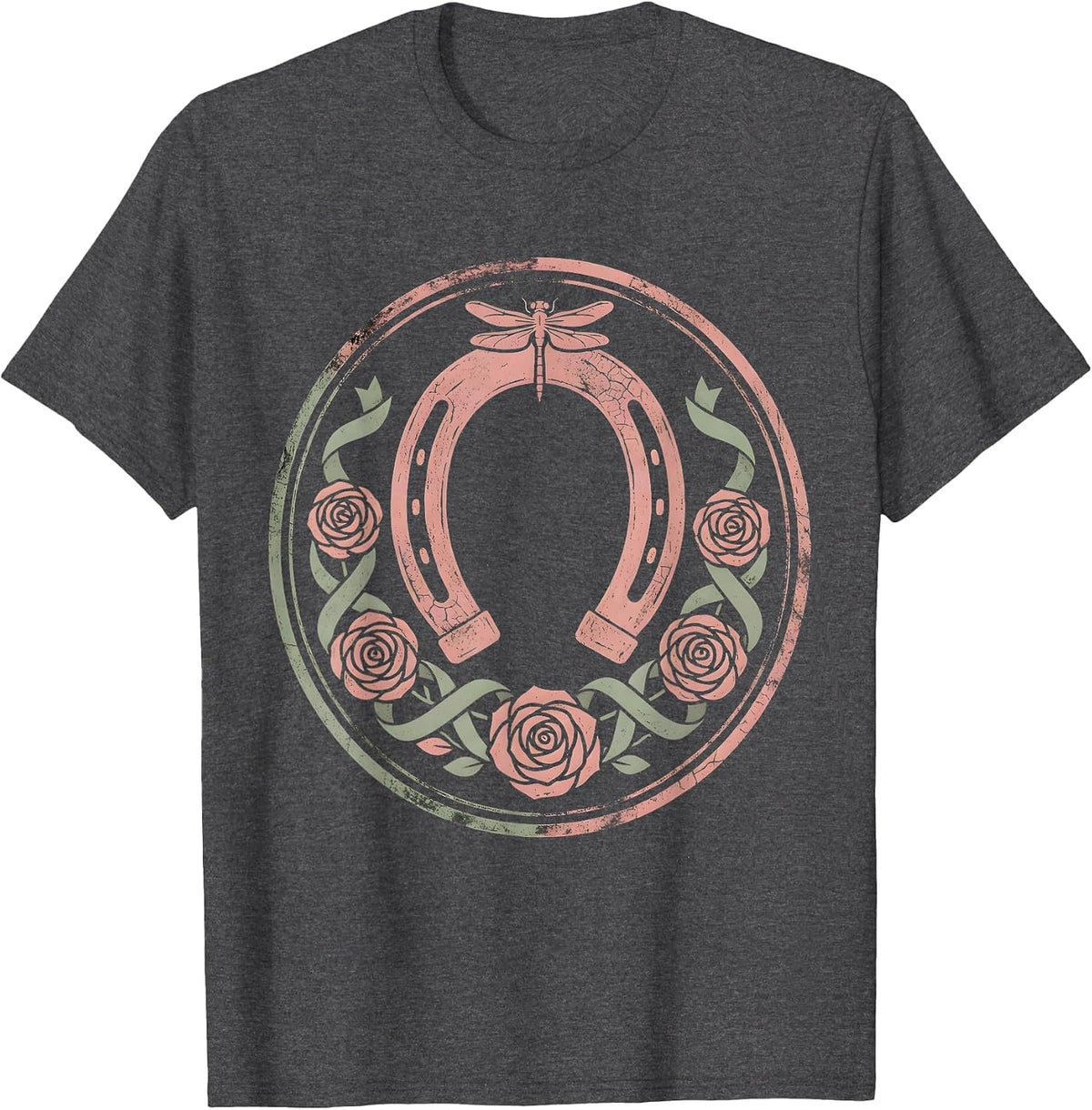 Derby Floral Horseshoe Wreath Rose Ribbon Design T-Shirt - Dark Heather Grey