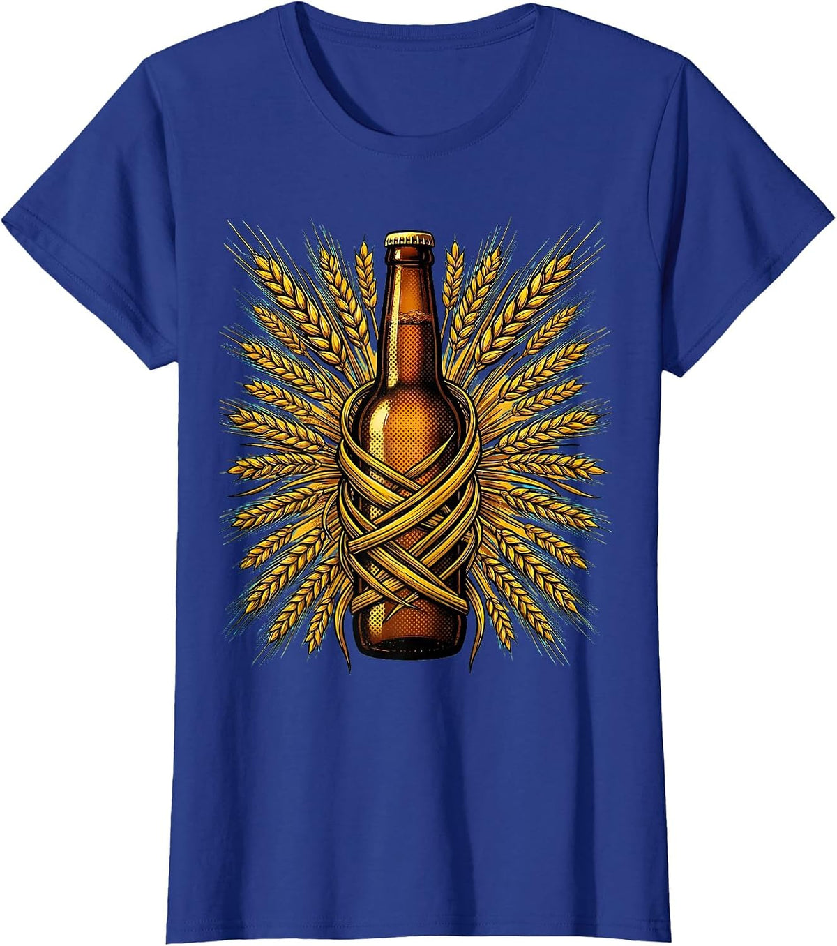 Women's Wheat and Bottle Craft Beer Illustration T-Shirt - Royal Blue