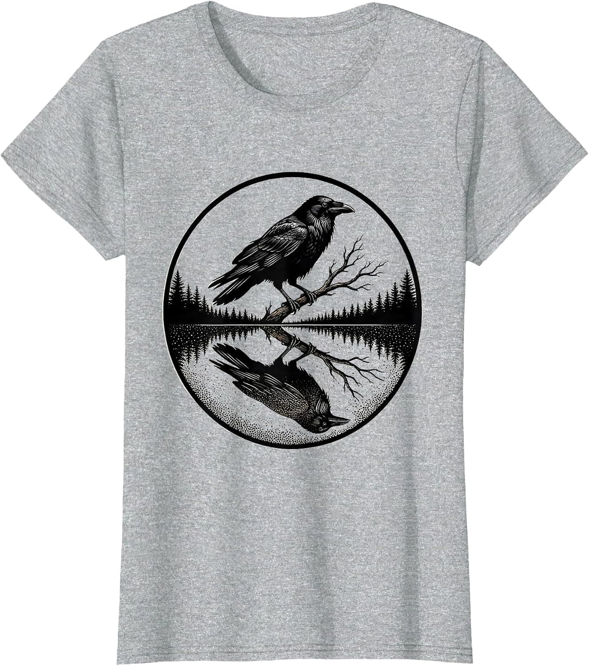 Crow Reflected in Still Forest Pond T-Shirt - Heather Grey