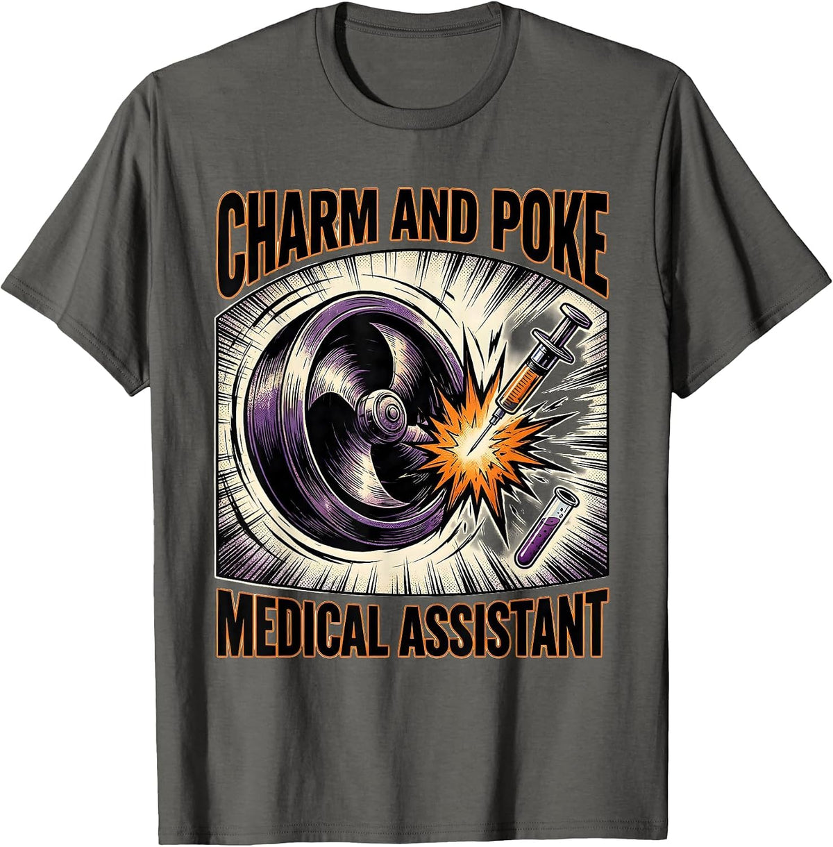 Charm and Poke Medical Assistant Funny Halloween Nurse Humor T-Shirt - Asphalt Grey