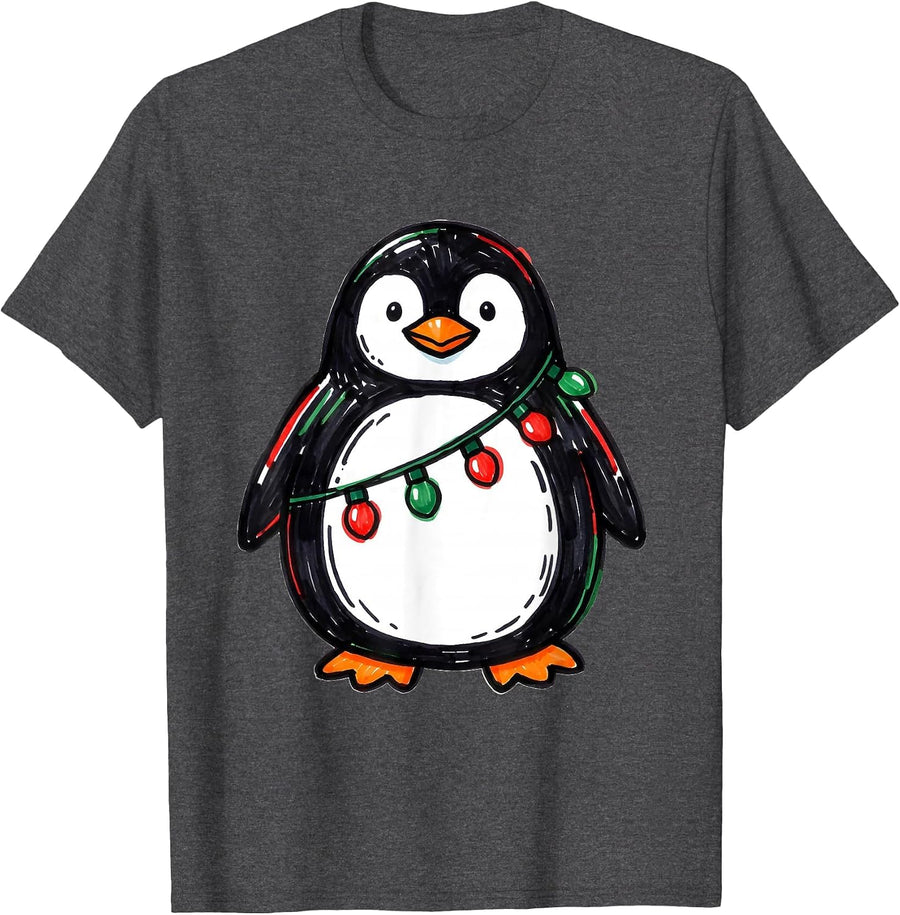 Men's Rounded Penguin Christmas Light Garland Funny Animal Lover T-Shirt - Dark Heather Grey