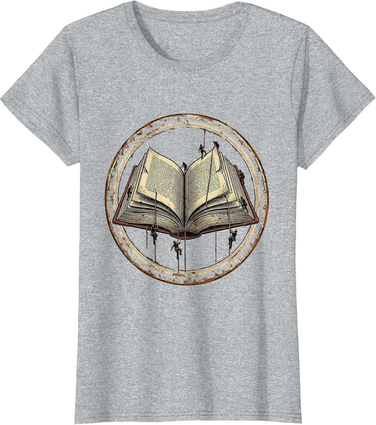 Tiny Students Climbing Giant Book Pages Teacher T-Shirt - Heather Grey