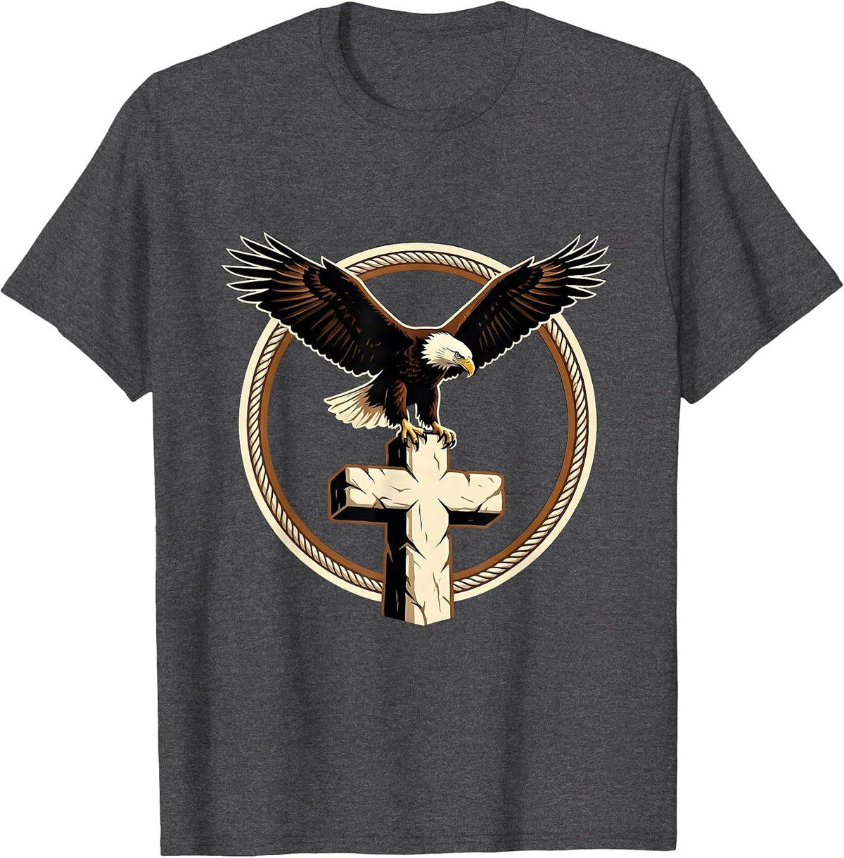 Men's Bald Eagle Perched on Stone Cross Christian Design T-Shirt - Dark Heather Grey