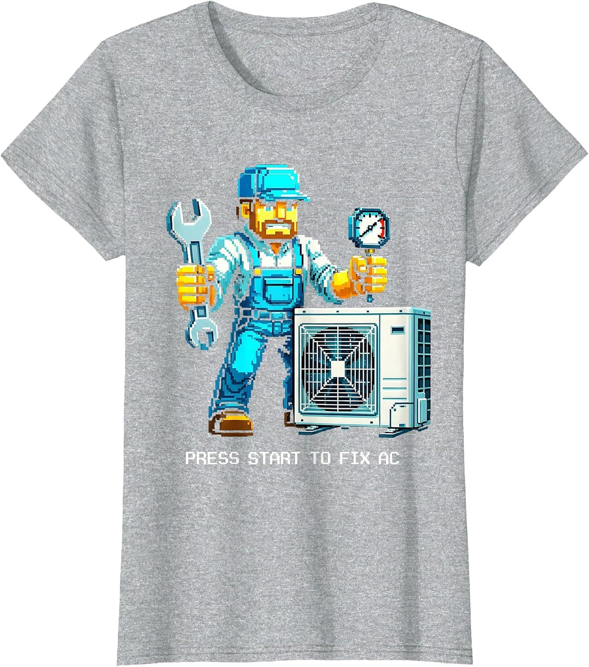 Press Start To Fix AC HVAC Technician Design T-Shirt - Heather Grey