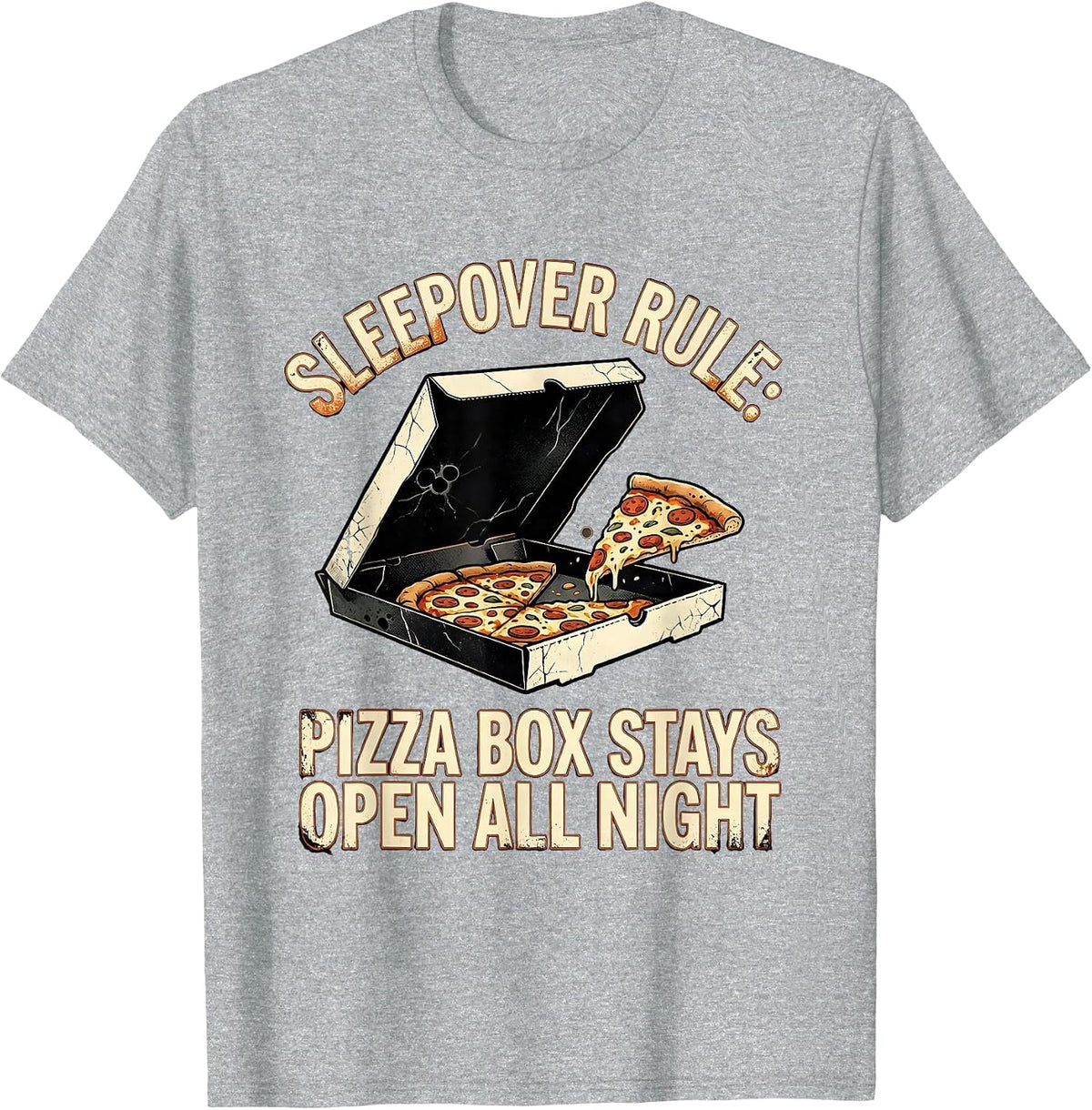Men's Sleepover Rule Pizza Box Stays Open All Night Funny T-Shirt - Heather Grey