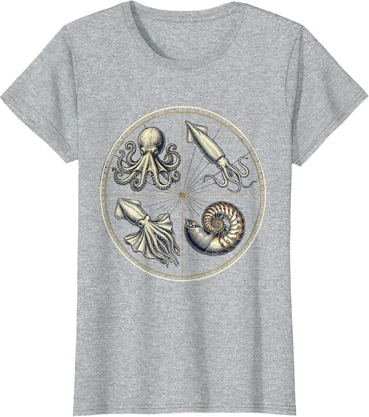 Cephalopod Emblem Octopus Squid Cuttlefish Nautilus T-Shirt - Heather Grey