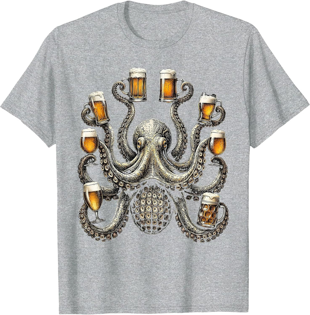 Octopus Holding Eight Beers Funny Drinking Art T-Shirt, Men, Heather Grey, X-Large - As Pictured