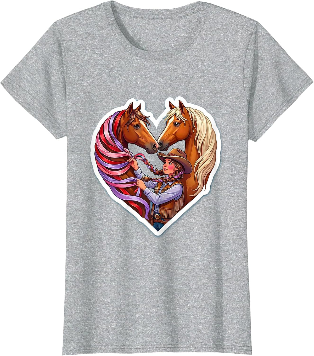 Cowgirl Braiding Horse Mane With Ribbons T-Shirt - Heather Grey