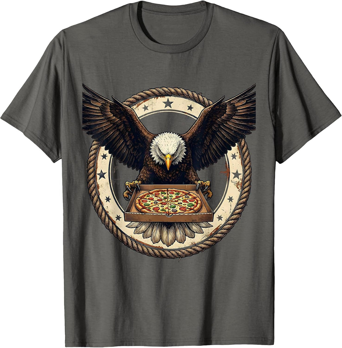 Men's Bald Eagle Pizza Delivery Funny Novelty Graphic Tee T-Shirt - Asphalt Grey