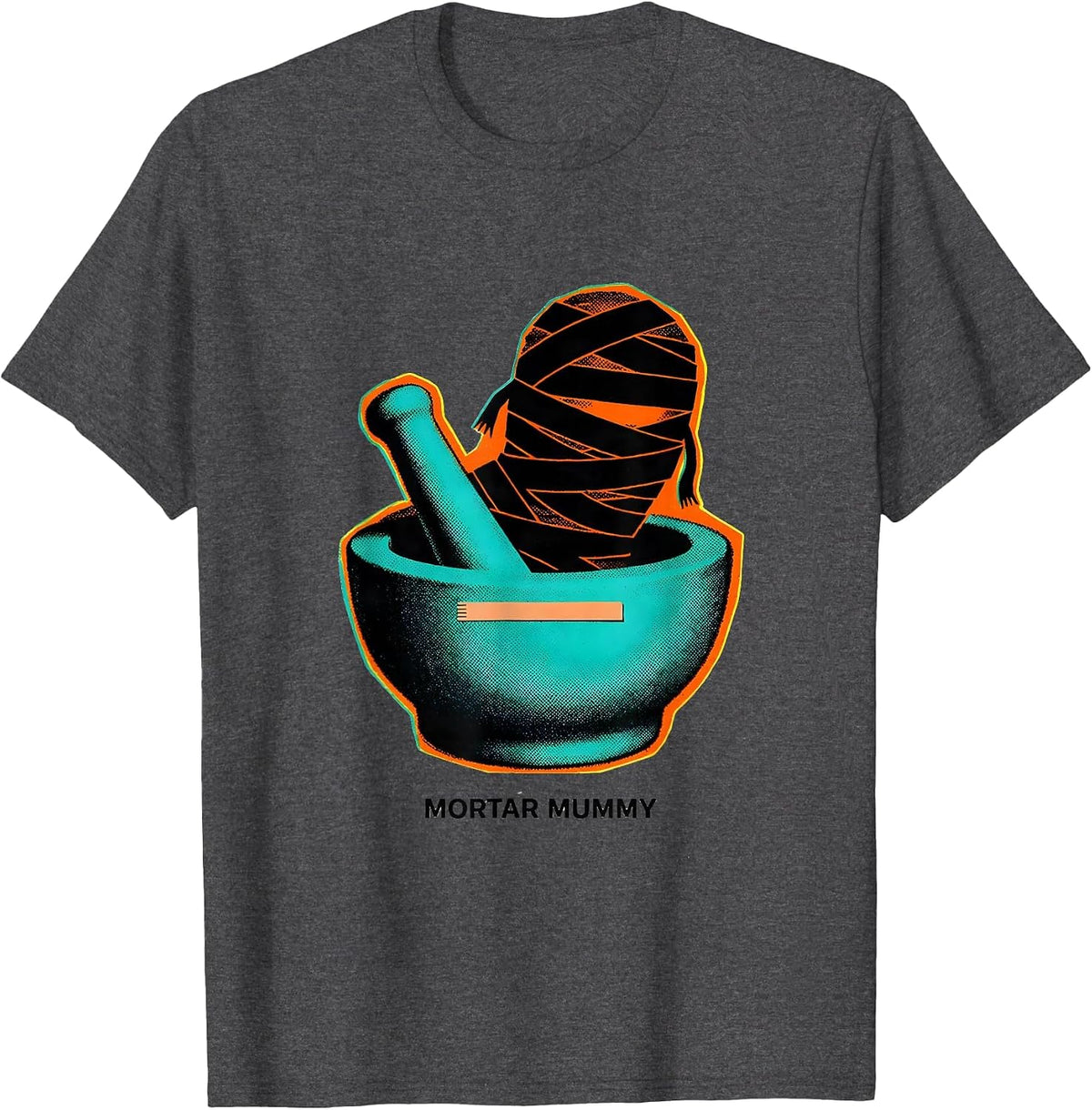 Men's Mortar Mummy Risograph Halloween Pharmacy Tech Crew T-Shirt - Dark Heather Grey