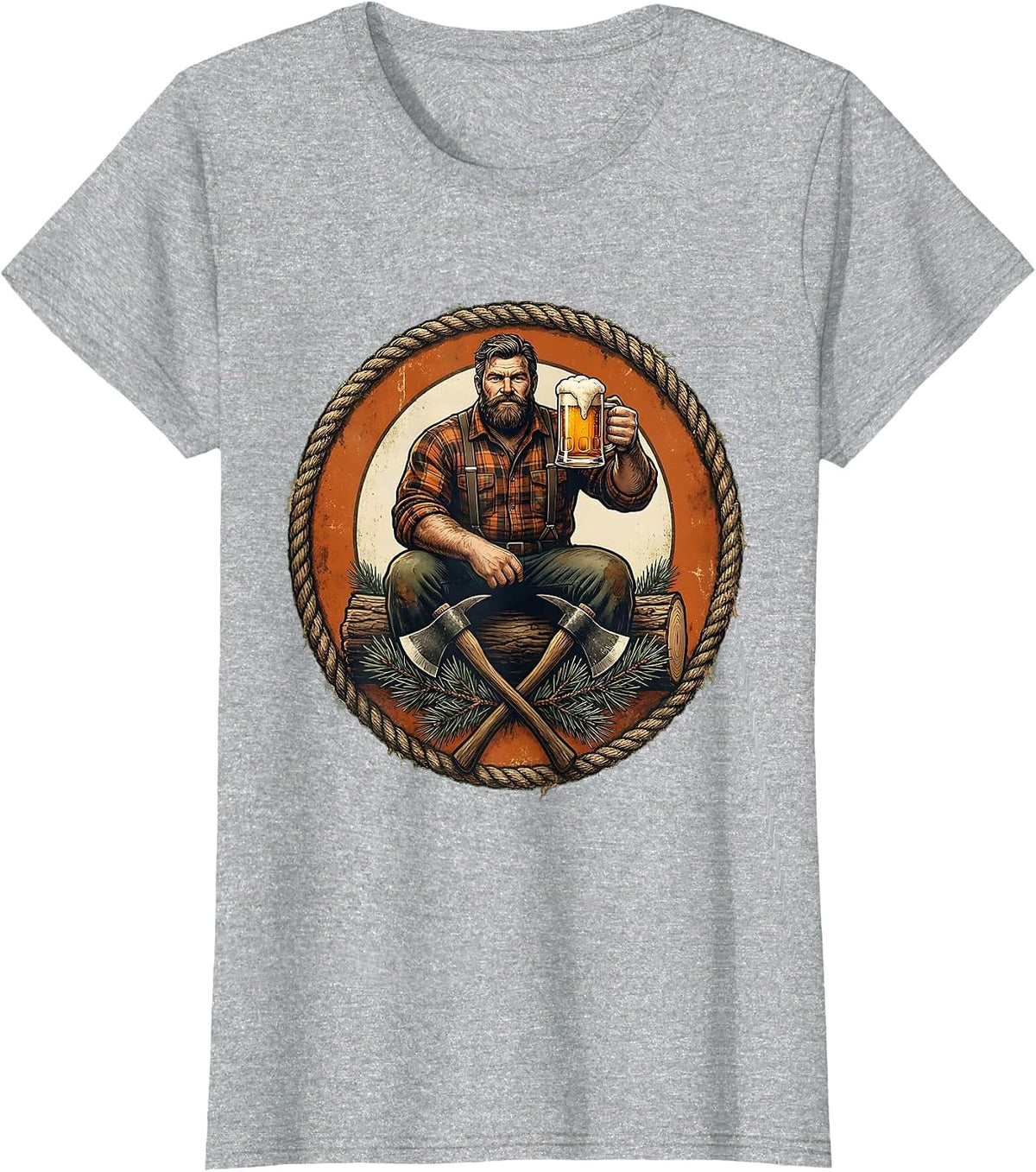 Lumberjack Relaxing With Cold Beer Graphic T-Shirt - Heather Grey