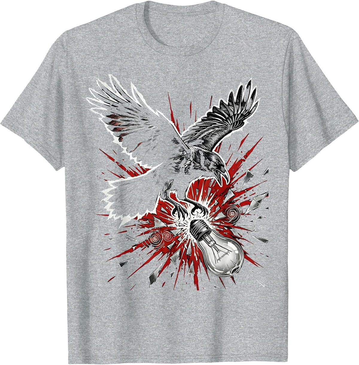 Men's Grunge Crow Smashed Light Bulb Dark Art Design T-Shirt - Heather Grey