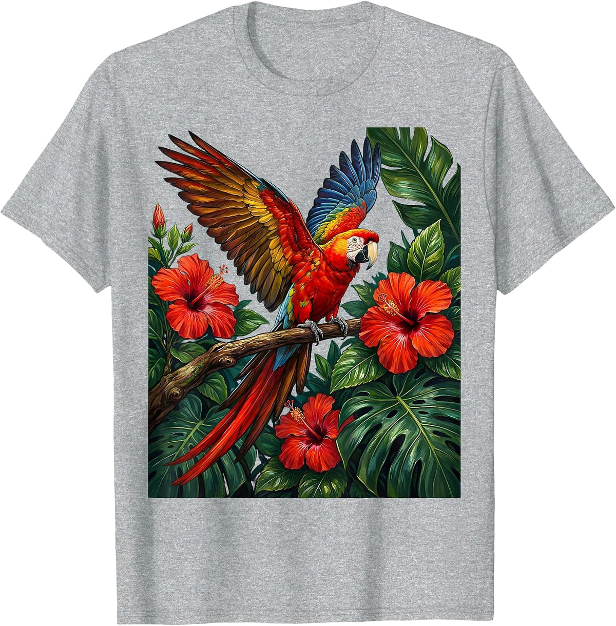 Men's Tropical Parrot Hibiscus Hawaiian Art Design T-Shirt - Heather Grey