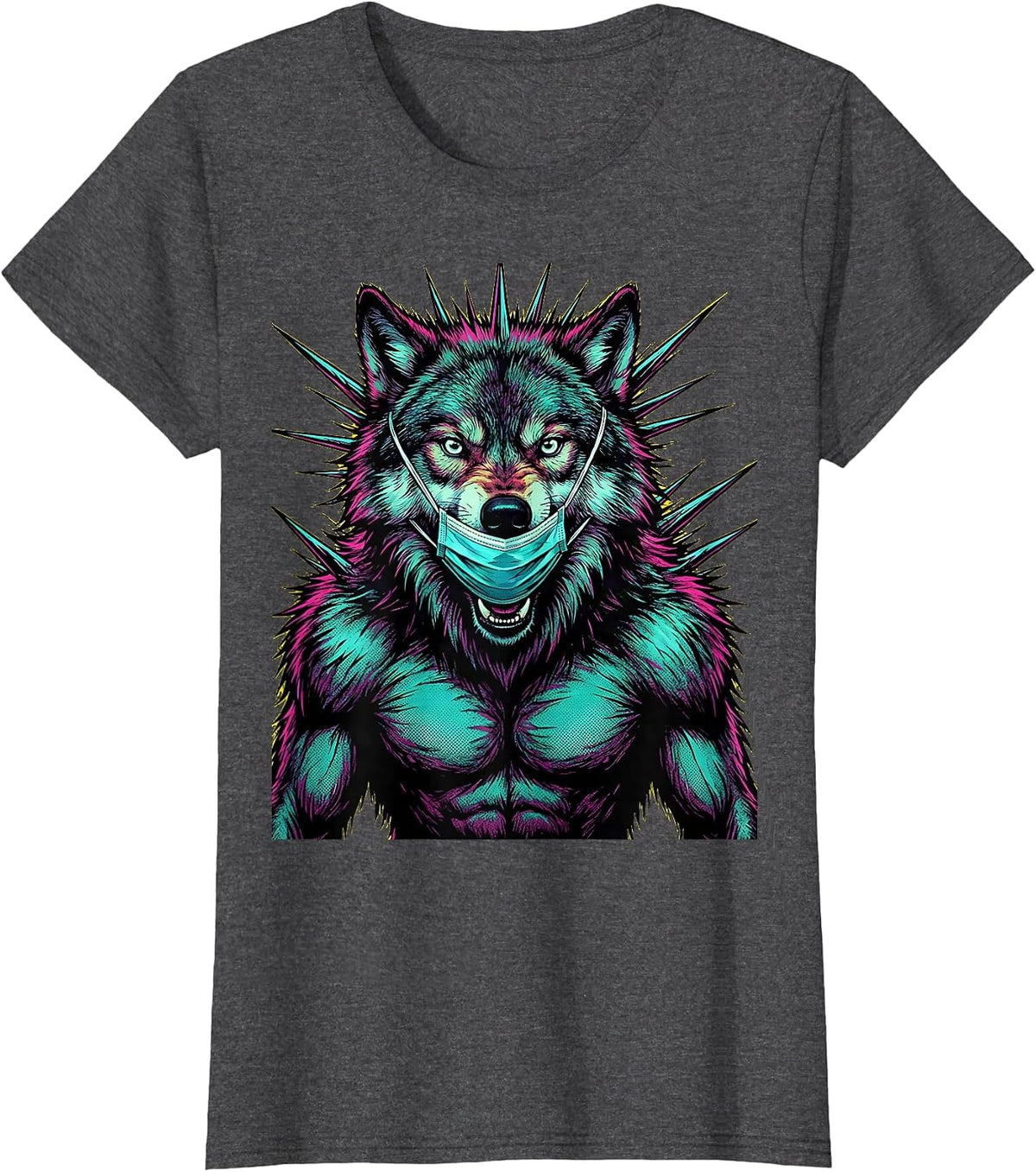 Women's Wolf Nurse Howling in Surgical Scrub Mask T-Shirt - Dark Heather Grey