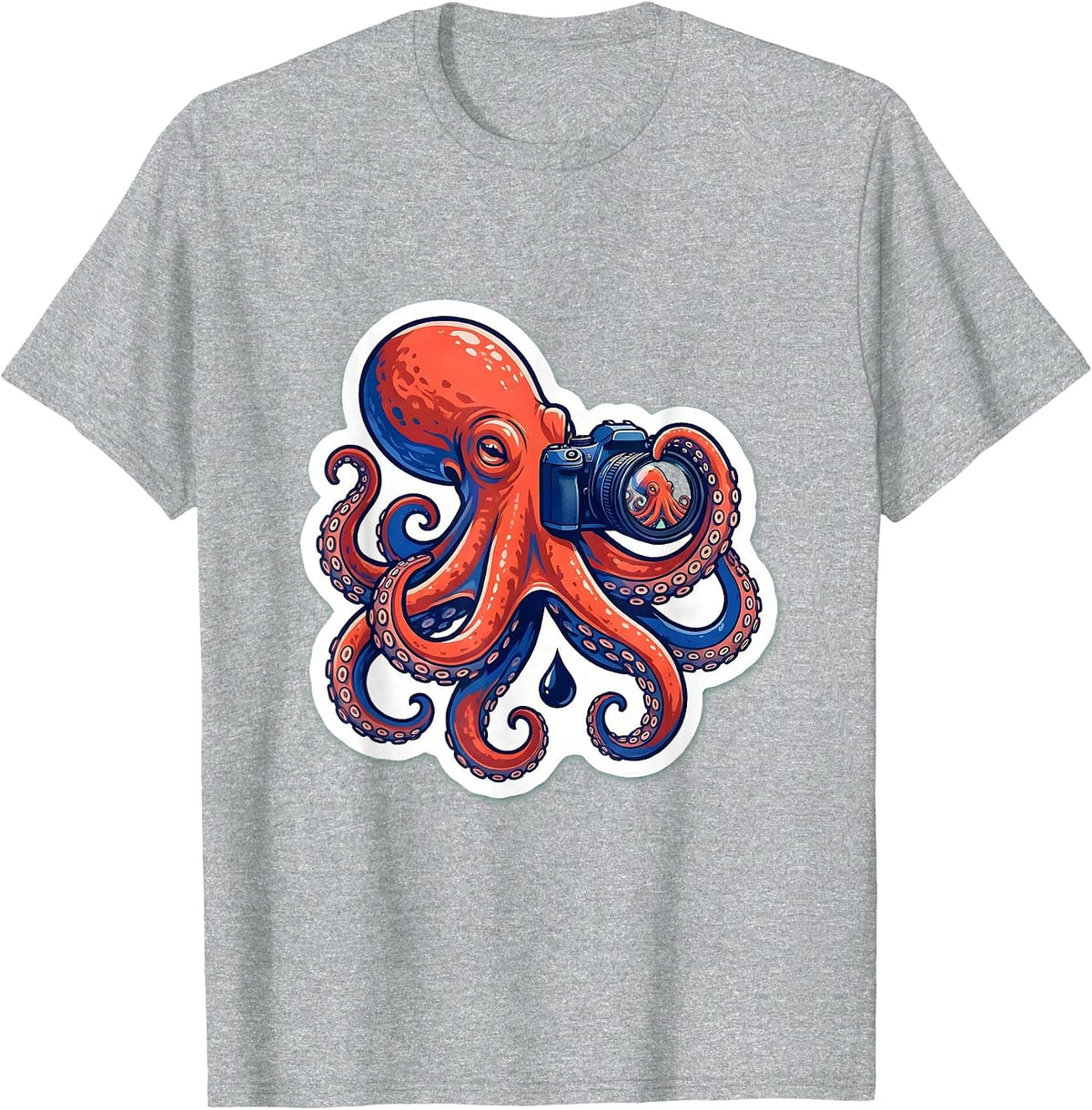 Men's Octopus Photographer Sticker Style Marine Biology Humor T-Shirt - Heather Grey