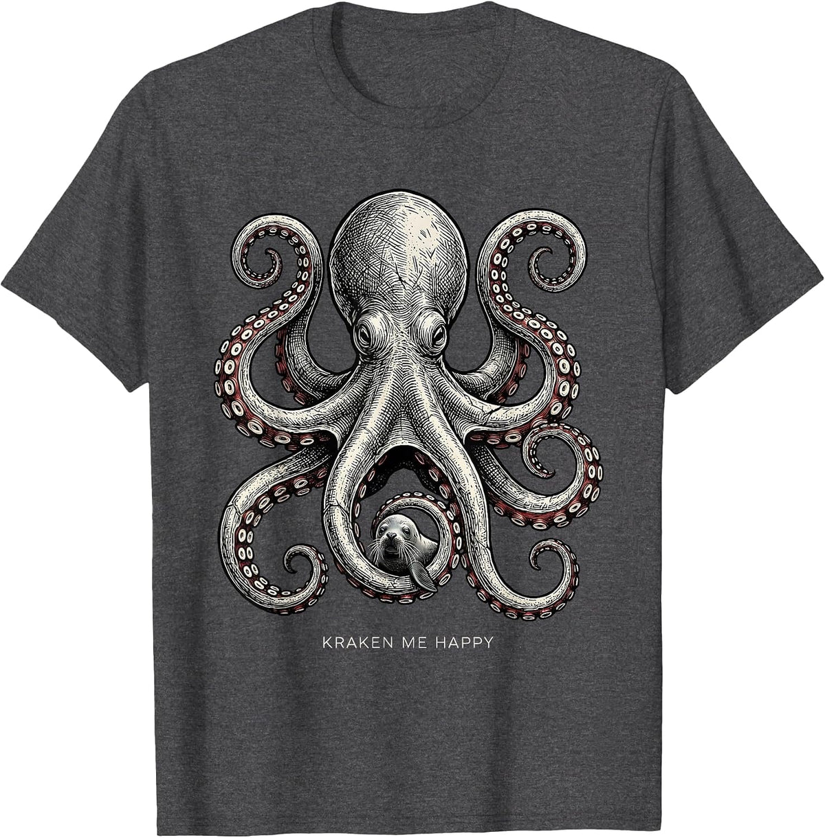 Kraken Me Happy Vintage Kraken Octopus Japanese Aesthetic T-Shirt - Dark Heather Grey