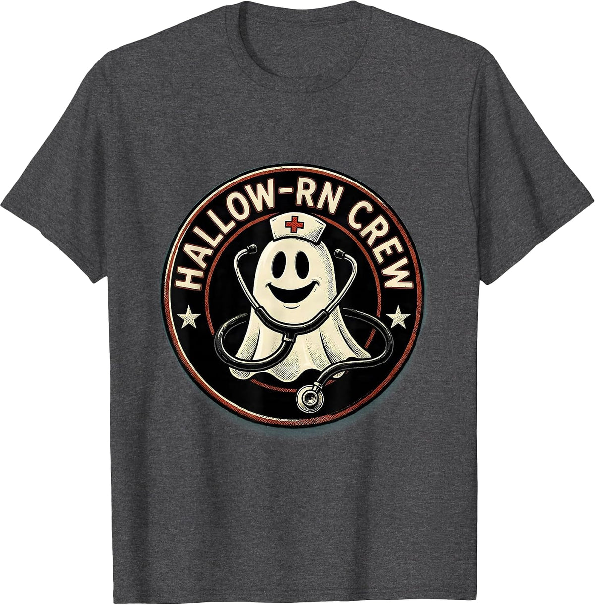Men's Hallow-RN Crew Retro Cartoon Halloween Nurse Medical Humor T-Shirt - Dark Heather Grey